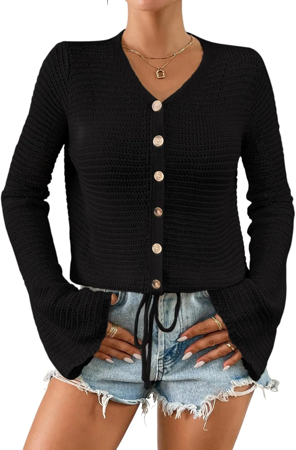 Women's Summer Crochet Lightweight Cardigan Sweater Cropped Button Down Hollow Out Long Sleeve Bolero Shrug