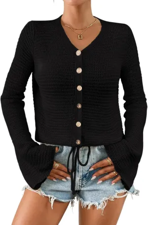 Women's Summer Crochet Lightweight Cardigan Sweater Cropped Button Down Hollow Out Long Sleeve Bolero Shrug