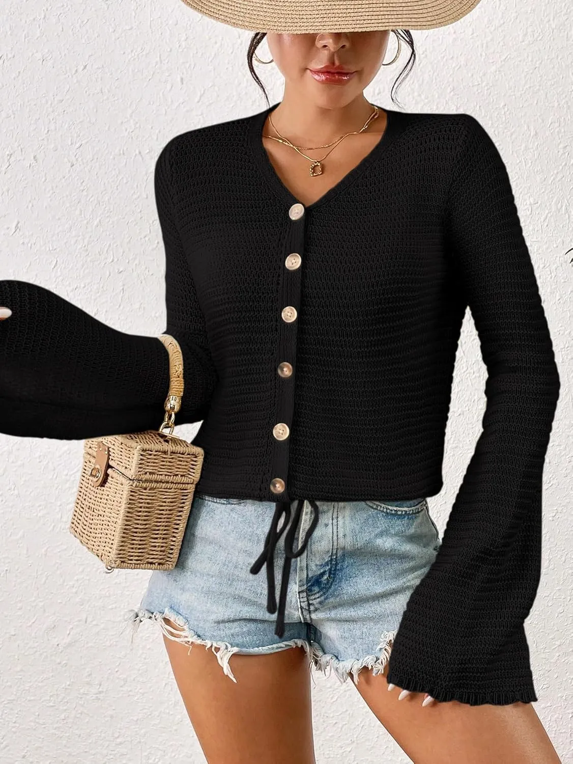 Women's Summer Crochet Lightweight Cardigan Sweater Cropped Button Down Hollow Out Long Sleeve Bolero Shrug