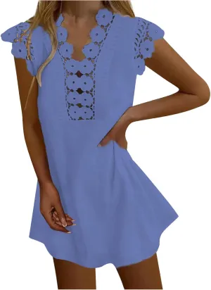 Womens Summer Dress Crochet Lace Sleeveless Ruffle Sleeve V Neck Mini Dress Casual Loose Tank Dresses Flowy Sundress