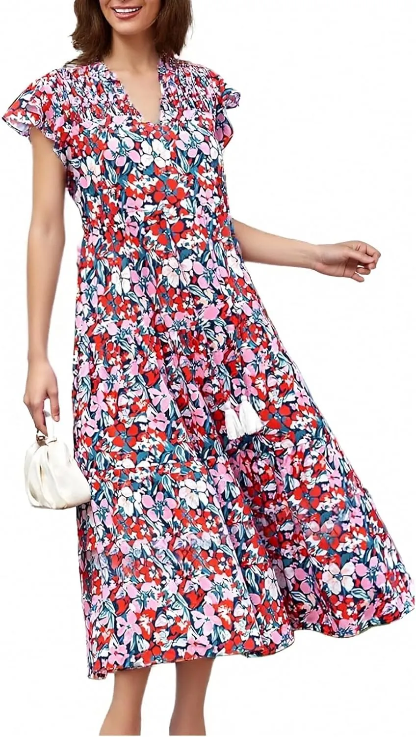 Womens Summer Dress Short Sleeve V-Neck Ruffle Tiered Midi Dresses Floral Printed Vacation Sundress with Fringe Belt