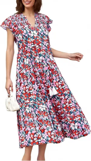 Womens Summer Dress Short Sleeve V-Neck Ruffle Tiered Midi Dresses Floral Printed Vacation Sundress with Fringe Belt