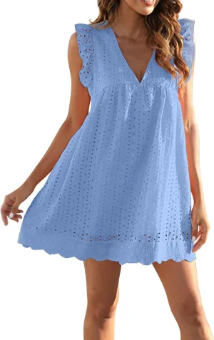 Womens Summer Dresses Cap Sleeve Babydoll Eyelet Ruffle V Neck Mini Dress Plus Size Casual Loose Sundress with Pockets Party