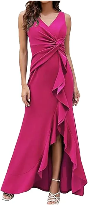 Women's Summer Formal Maxi Dresses Sleeveless Wrap V Neck Bodycon Ruched Slit Mesh Wedding Guest Cocktail Dress