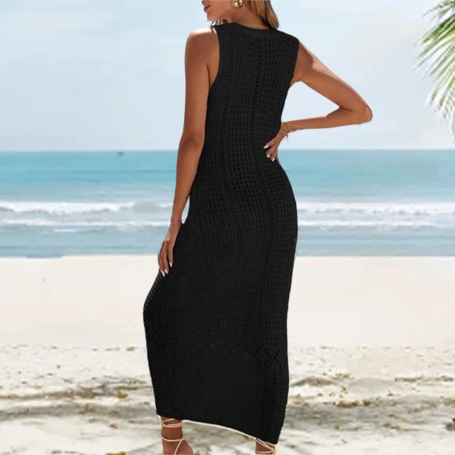 Womens Summer Maxi Dress Casual V Neck Sleeveless Hollow Out Strap Dresses Slim Fit Tunic Cover Up Beach Sundress