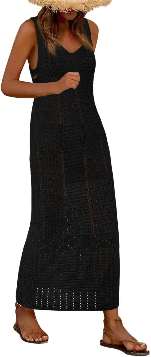 Womens Summer Maxi Dress Casual V Neck Sleeveless Hollow Out Strap Dresses Slim Fit Tunic Cover Up Beach Sundress