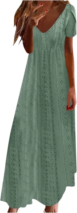 Women's Summer Maxi Dress Trendy Eyelet Embroidery Petal Sleeve Beach Dresses Ladies Casual A-Line Flowy Long Dress