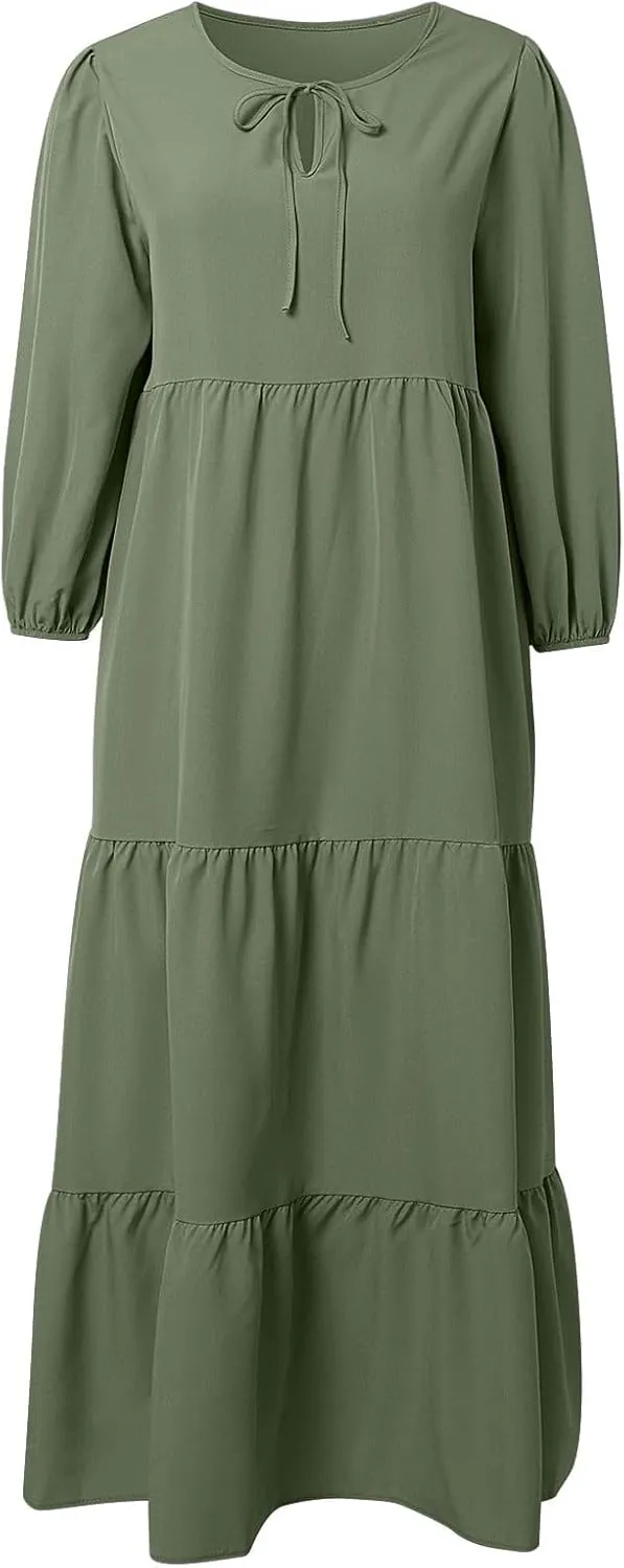 Womens Summer Maxi Dress V Neck Long Puff Sleeve Dresses 2025 Summer Casual A Line Flowy Swing Boho Dresses