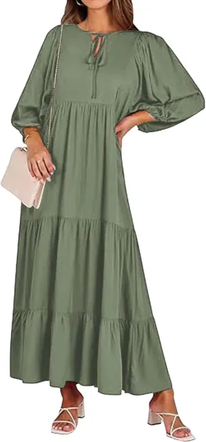Womens Summer Maxi Dress V Neck Long Puff Sleeve Dresses 2025 Summer Casual A Line Flowy Swing Boho Dresses