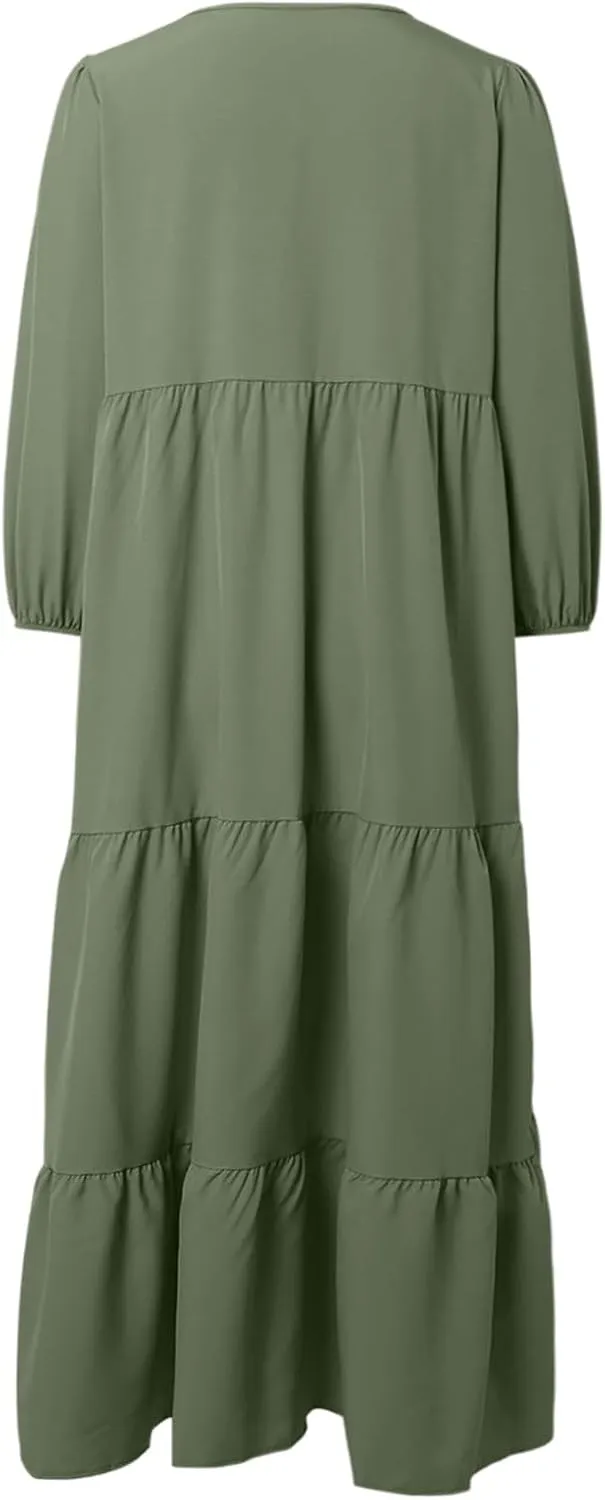 Womens Summer Maxi Dress V Neck Long Puff Sleeve Dresses 2025 Summer Casual A Line Flowy Swing Boho Dresses
