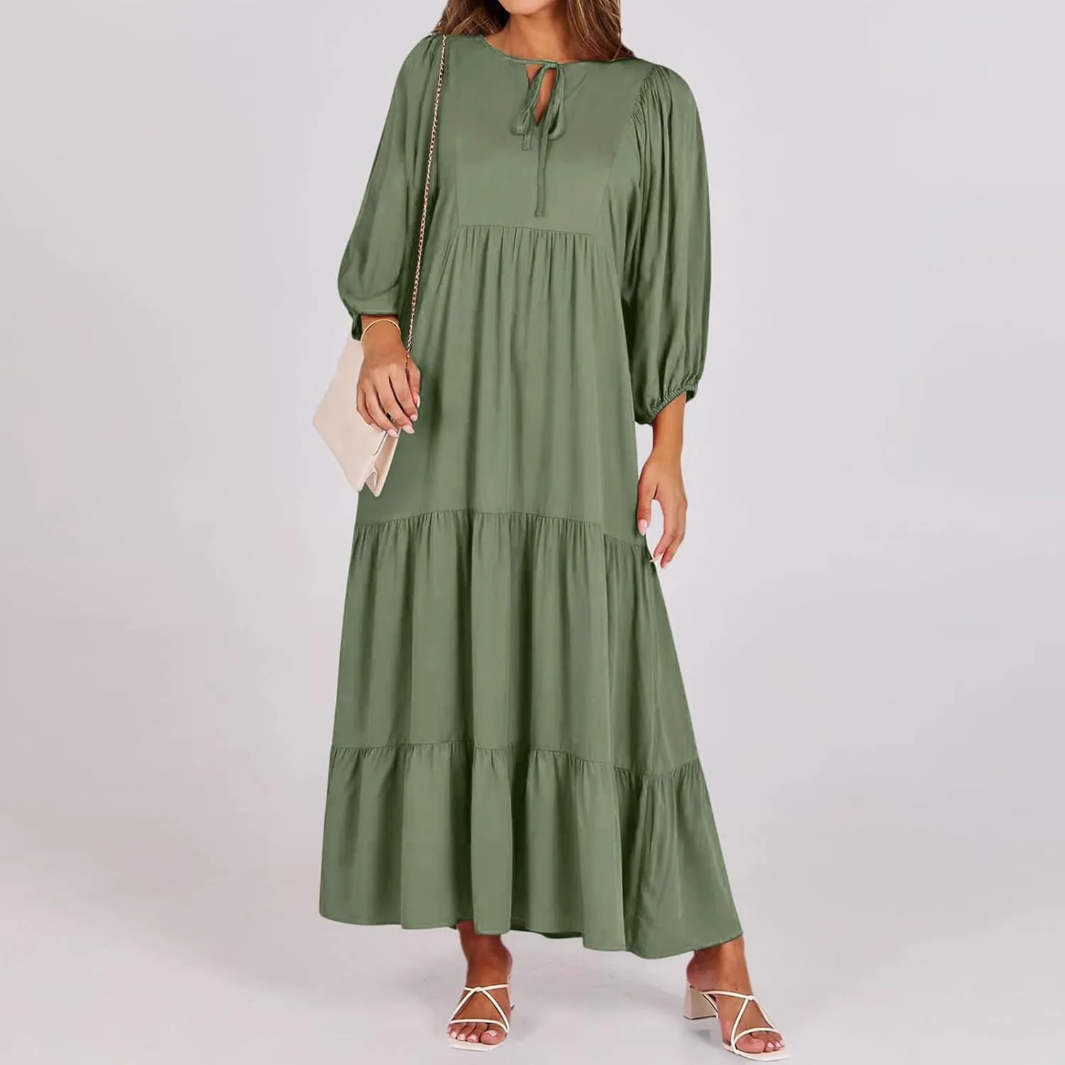 Womens Summer Maxi Dress V Neck Long Puff Sleeve Dresses 2025 Summer Casual A Line Flowy Swing Boho Dresses