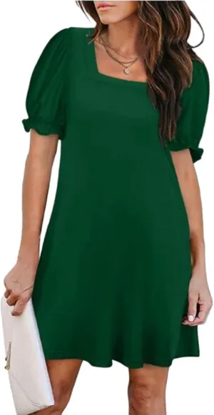 Womens Summer Puff Sleeve Mini Dress Square Neck Ruffle Short Sleeve Dresses Solid A Line Casual Swing Midi Dress