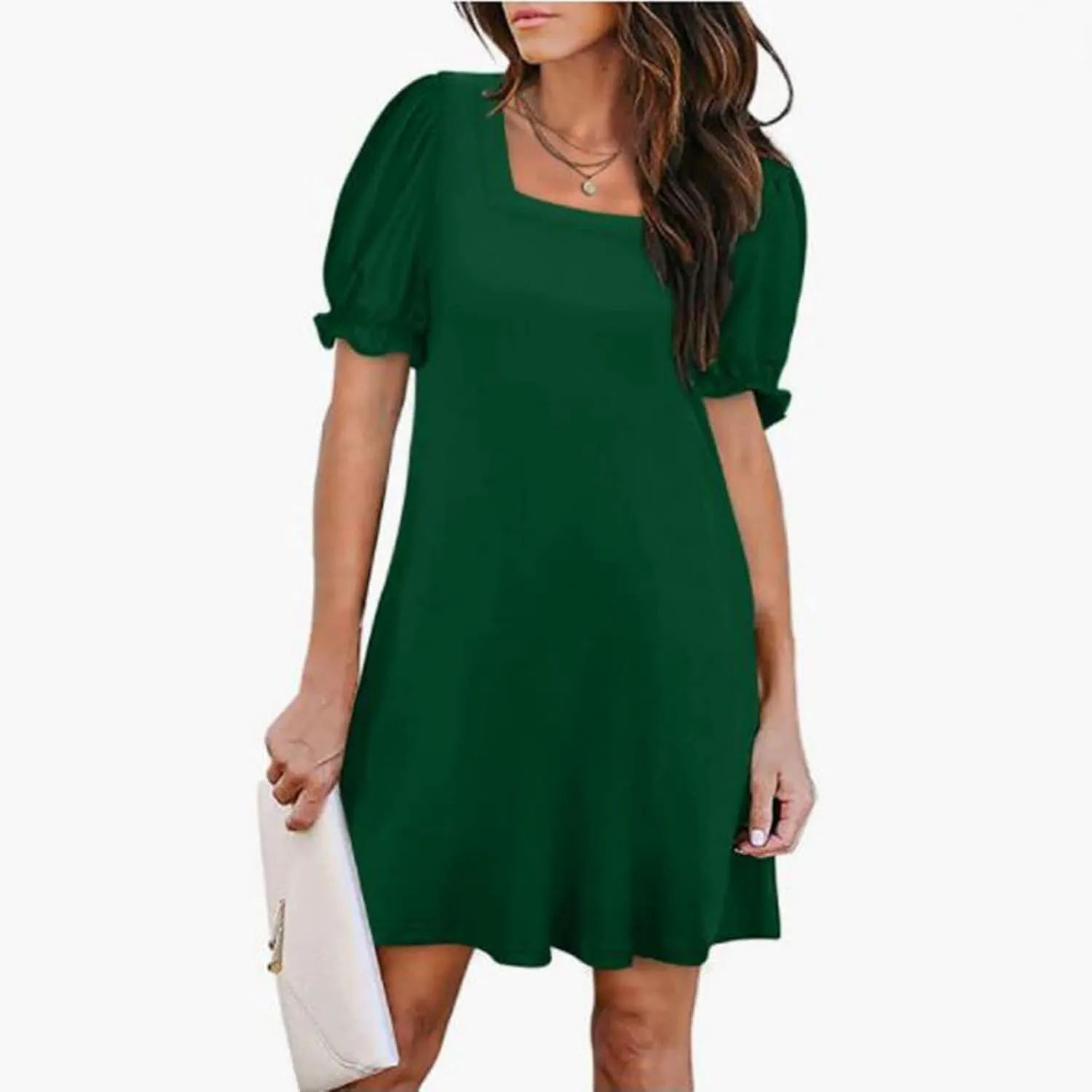 Womens Summer Puff Sleeve Mini Dress Square Neck Ruffle Short Sleeve Dresses Solid A Line Casual Swing Midi Dress