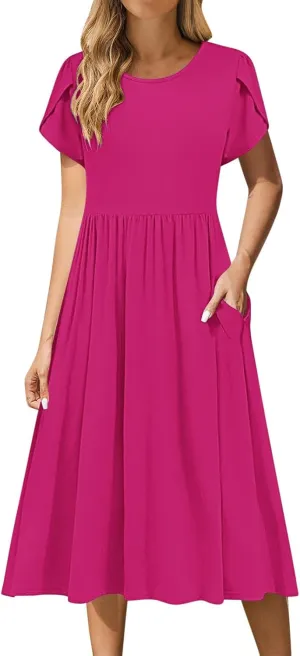 Women's Summer Short Sleeve A-Line Midi Dresses Casual Crewneck T-Shirt Dresses Flowy Beach Sundress with Pockets
