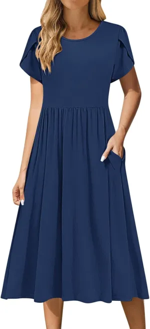 Women's Summer Short Sleeve A-Line Midi Dresses Casual Crewneck T-Shirt Dresses Flowy Beach Sundress with Pockets
