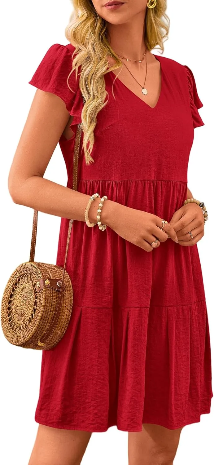 Womens Summer Tunic Dress V Neck Cap Sleeve Casual Flowy Swing Shift Dresses Loose Ruffle Mini Dress for Women 2025