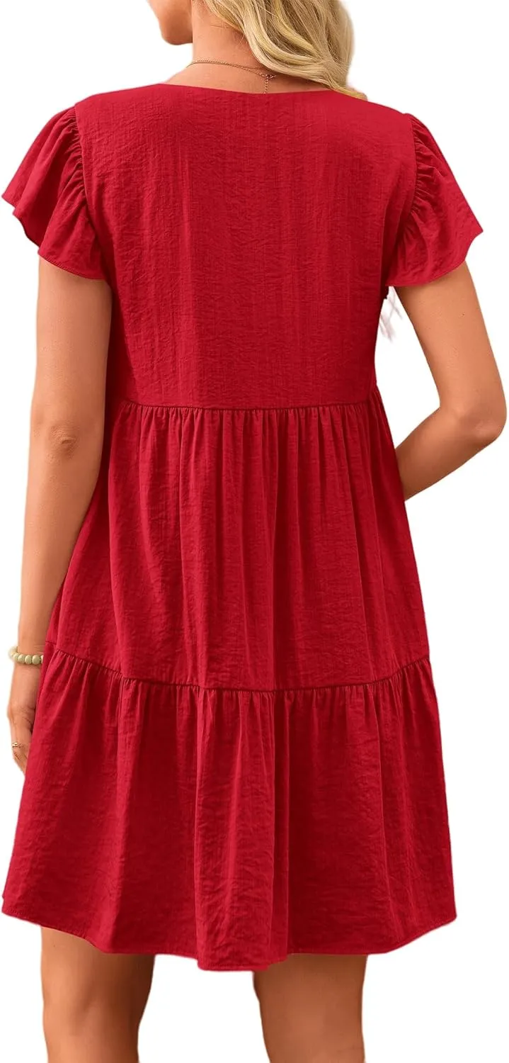 Womens Summer Tunic Dress V Neck Cap Sleeve Casual Flowy Swing Shift Dresses Loose Ruffle Mini Dress for Women 2025