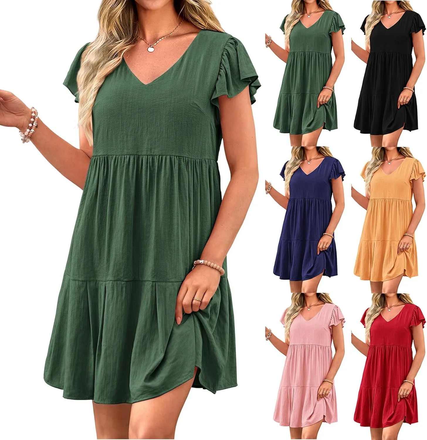 Womens Summer Tunic Dress V Neck Cap Sleeve Casual Flowy Swing Shift Dresses Loose Ruffle Mini Dress for Women 2025