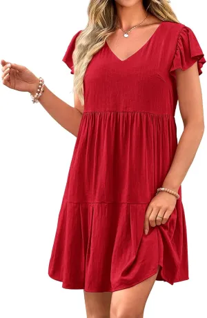 Womens Summer Tunic Dress V Neck Cap Sleeve Casual Flowy Swing Shift Dresses Loose Ruffle Mini Dress for Women 2025