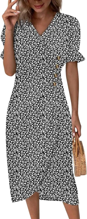 Women's Summer Wrap Dress Floral Print Button V-Neck Polka Dot Dress Short Sleeve Ruffled Aline Midi Sundress