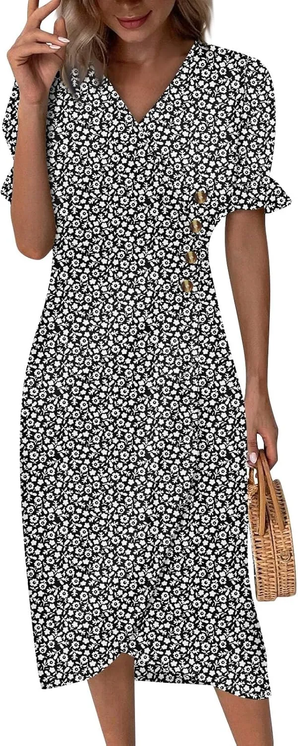 Women's Summer Wrap Dress Floral Print Button V-Neck Polka Dot Dress Short Sleeve Ruffled Aline Midi Sundress