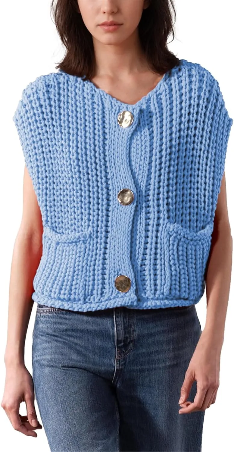 Womens Sweater Vest Fall Chunky Knit Top Gold Button Down Cropped Sleeveless Knitted Sweater Cardigan with Pockets