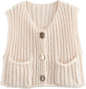 Womens Sweater Vest Fall Chunky Knit Top Gold Button Down Cropped Sleeveless Knitted Sweater Cardigan with Pockets