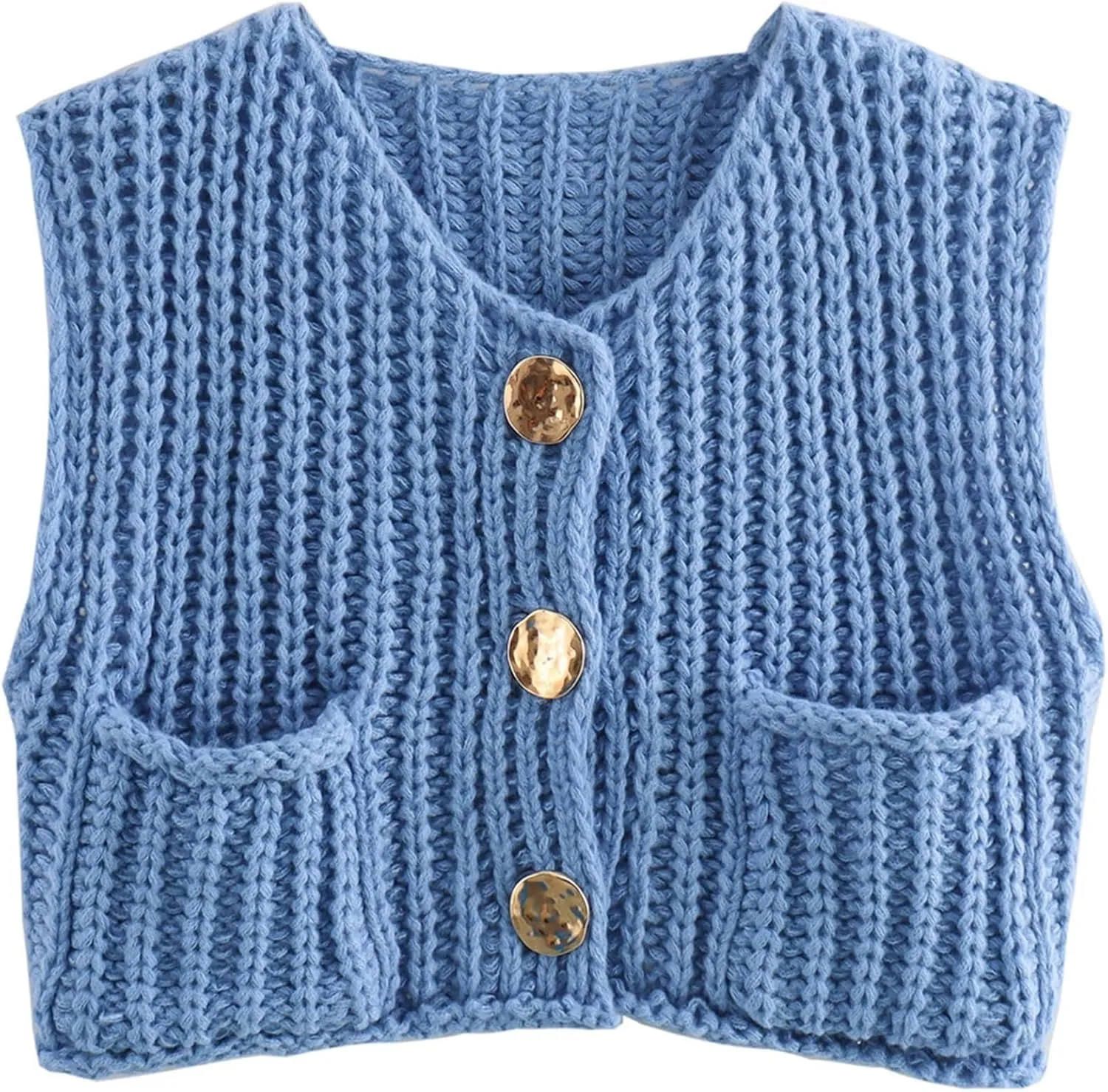 Womens Sweater Vest Fall Chunky Knit Top Gold Button Down Cropped Sleeveless Knitted Sweater Cardigan with Pockets