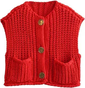 Womens Sweater Vest Fall Chunky Knit Top Gold Button Down Cropped Sleeveless Knitted Sweater Cardigan with Pockets