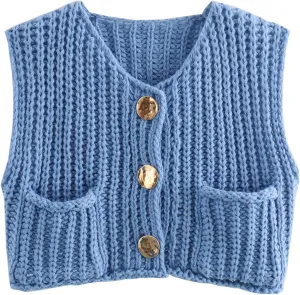 Womens Sweater Vest Fall Chunky Knit Top Gold Button Down Cropped Sleeveless Knitted Sweater Cardigan with Pockets