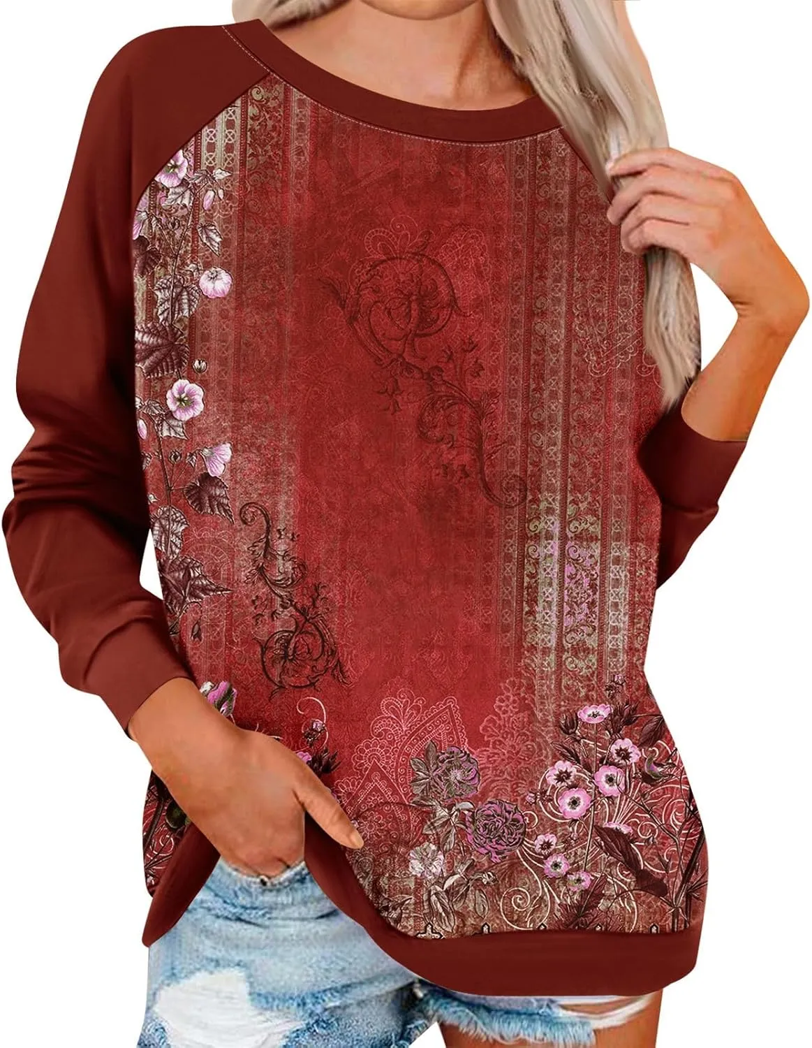 Womens Sweatshirts Floral Print Long Sleeve Loose Fit Shirts Crewneck Cute Trendy Clothing Sweater