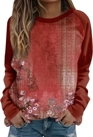 Womens Sweatshirts Floral Print Long Sleeve Loose Fit Shirts Crewneck Cute Trendy Clothing Sweater