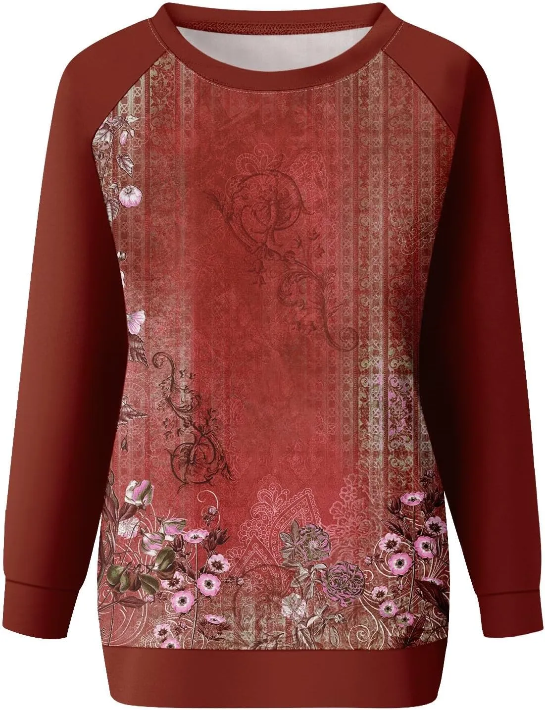Womens Sweatshirts Floral Print Long Sleeve Loose Fit Shirts Crewneck Cute Trendy Clothing Sweater
