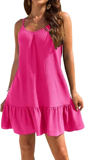 Womens Swimsuit Coverup Spaghetti Strap Backless Babydoll Short Ruffle Hem Dresses Summer Flowy Beach Sundress