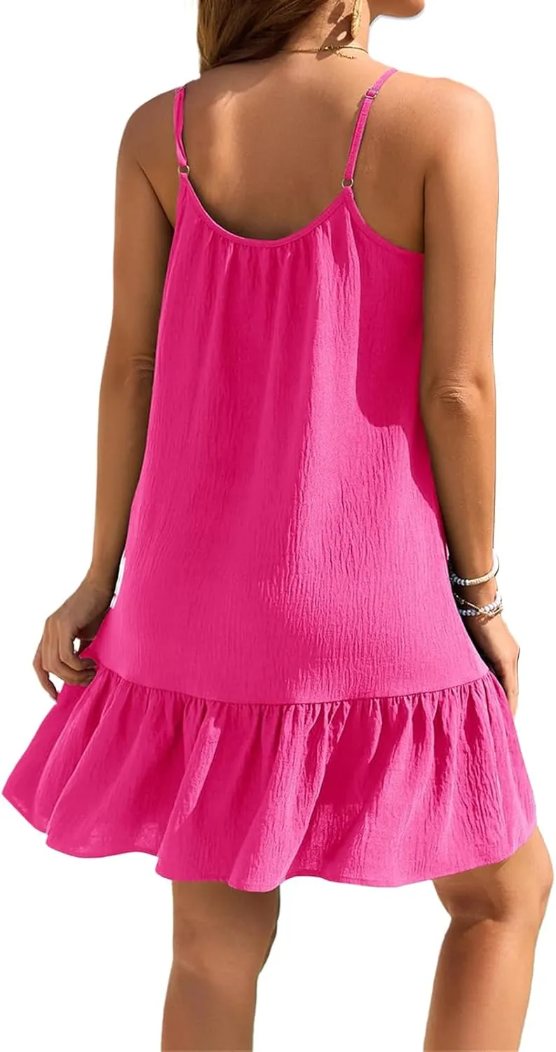Womens Swimsuit Coverup Spaghetti Strap Backless Babydoll Short Ruffle Hem Dresses Summer Flowy Beach Sundress
