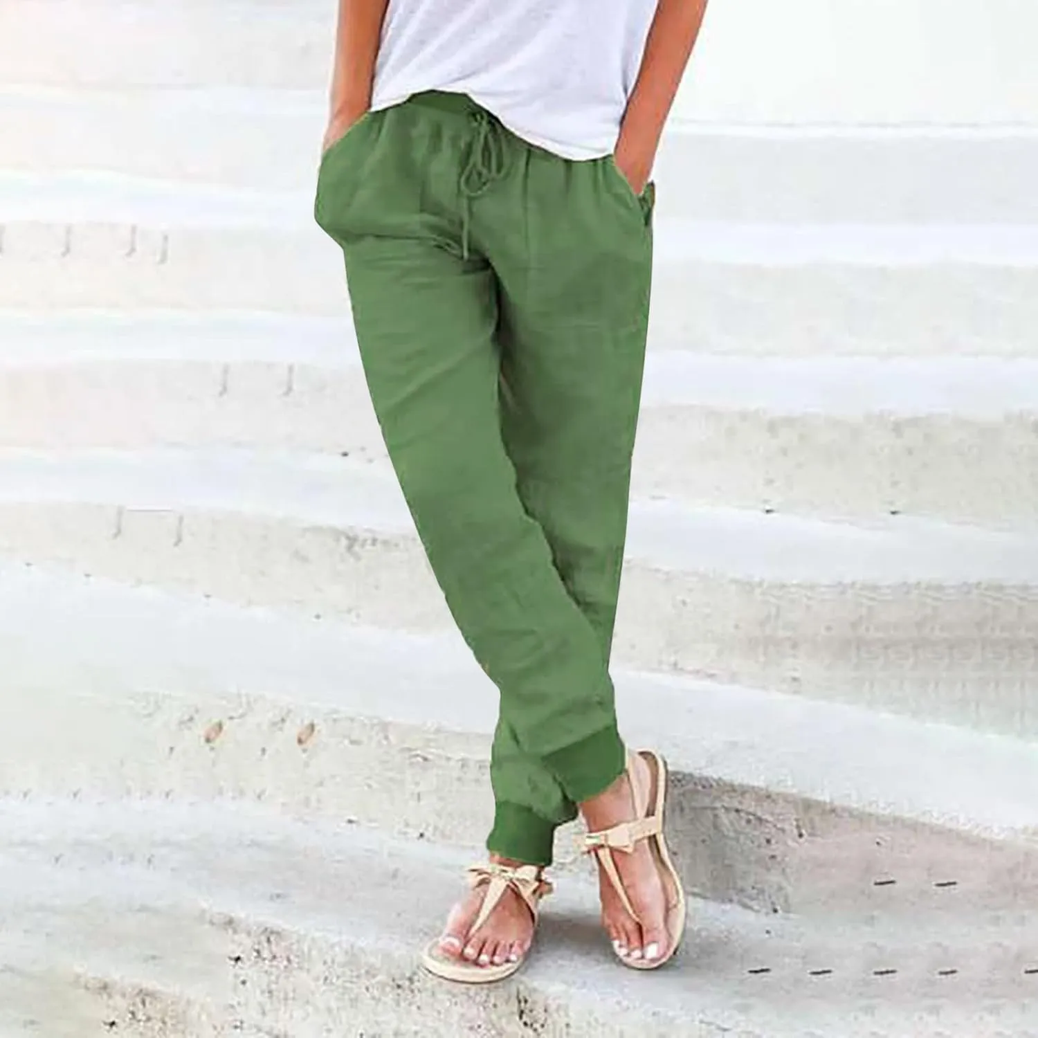 Womens Tapered Linen Pants Ankle Cotton Linen Drawstring Back Elastic Waist Pants Casual Trousers Capris with Pockets