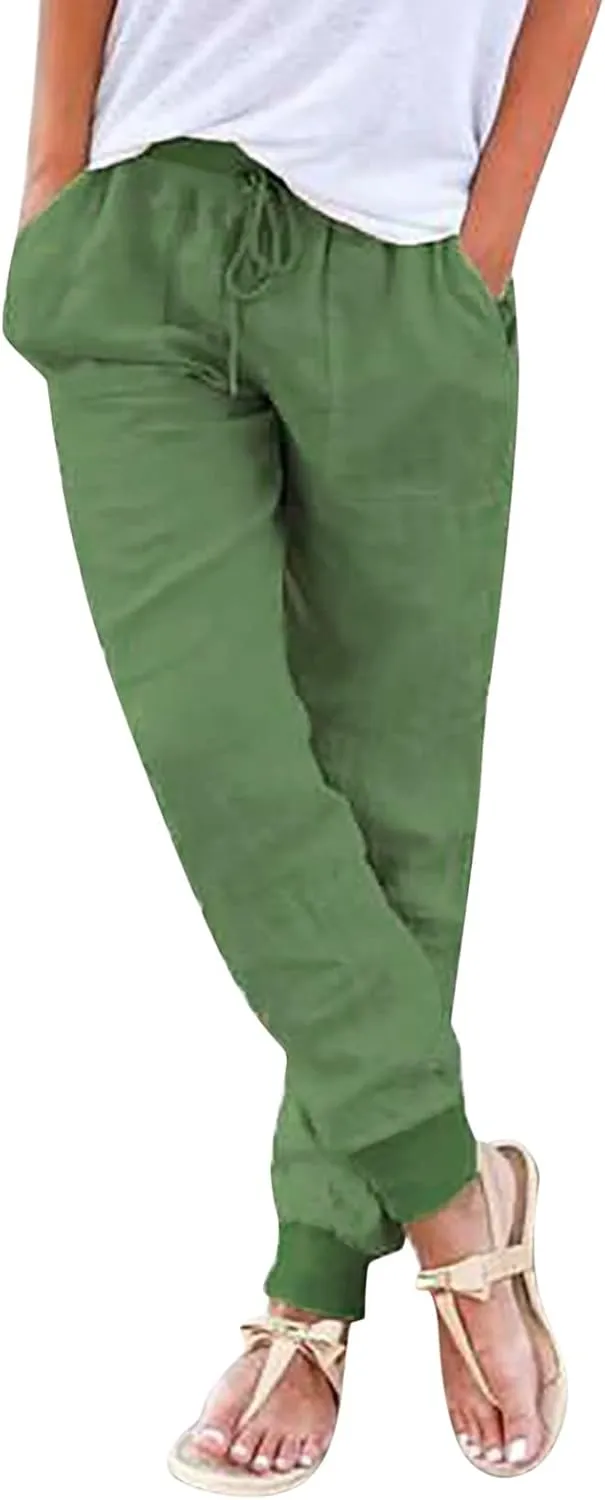 Womens Tapered Linen Pants Ankle Cotton Linen Drawstring Back Elastic Waist Pants Casual Trousers Capris with Pockets