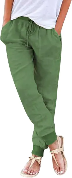 Womens Tapered Linen Pants Ankle Cotton Linen Drawstring Back Elastic Waist Pants Casual Trousers Capris with Pockets