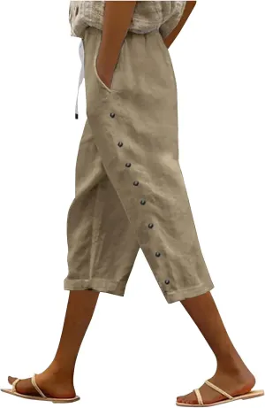 Womens Tapered Pants 2025 Summer Comfy Cotton Linen Capris Elastic Waist Pants Casual Cropped Trousers with Pockets