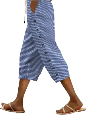 Womens Tapered Pants 2025 Summer Comfy Cotton Linen Capris Elastic Waist Pants Casual Cropped Trousers with Pockets