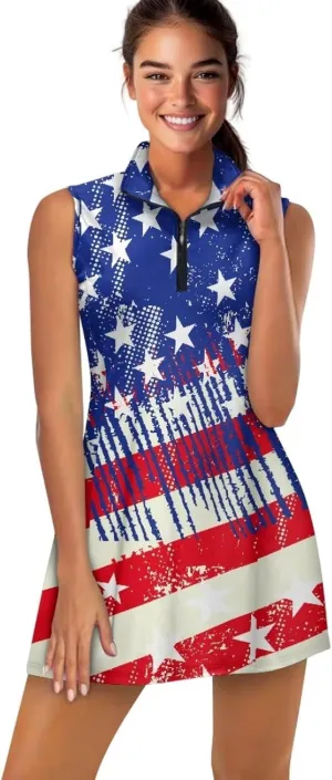 Women's Tennis Golf Dress with Built in Shorts and Pockets Activewear Workout Zipper Dress Sleeveless Gym Dress