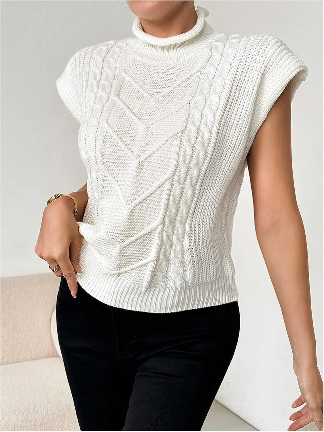 Women's Textured Mock Neck Sweater Vests Cap Sleeve Cable Knit Sweater Vest Casual Loose Top Knitwear