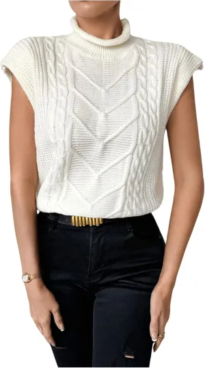 Women's Textured Mock Neck Sweater Vests Cap Sleeve Cable Knit Sweater Vest Casual Loose Top Knitwear