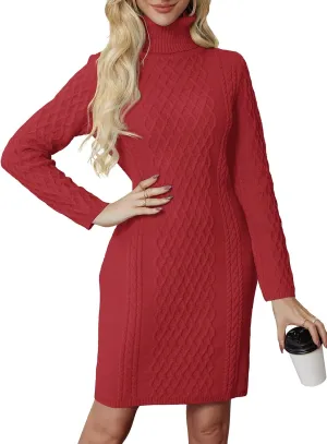 Women's Turtleneck Sweater Cable Knit Long Sleeve Sexy Pullover Tunic Mini Bodycon Sweater Dress Trendy Outfits