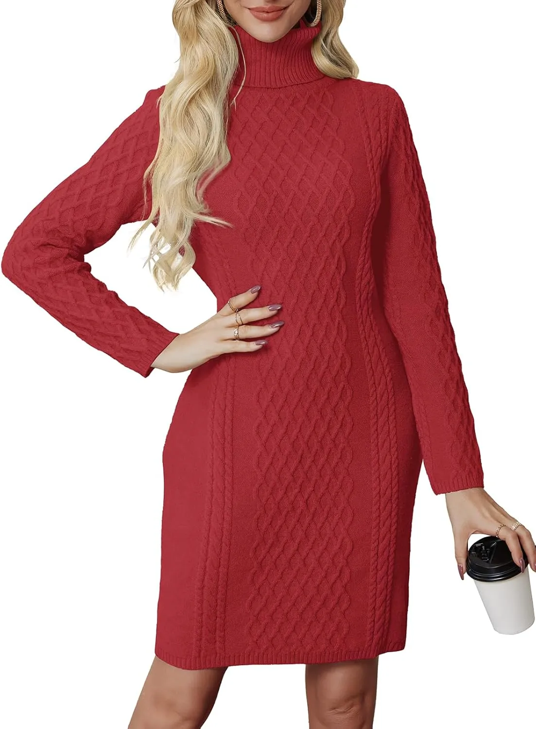 Women's Turtleneck Sweater Cable Knit Long Sleeve Sexy Pullover Tunic Mini Bodycon Sweater Dress Trendy Outfits