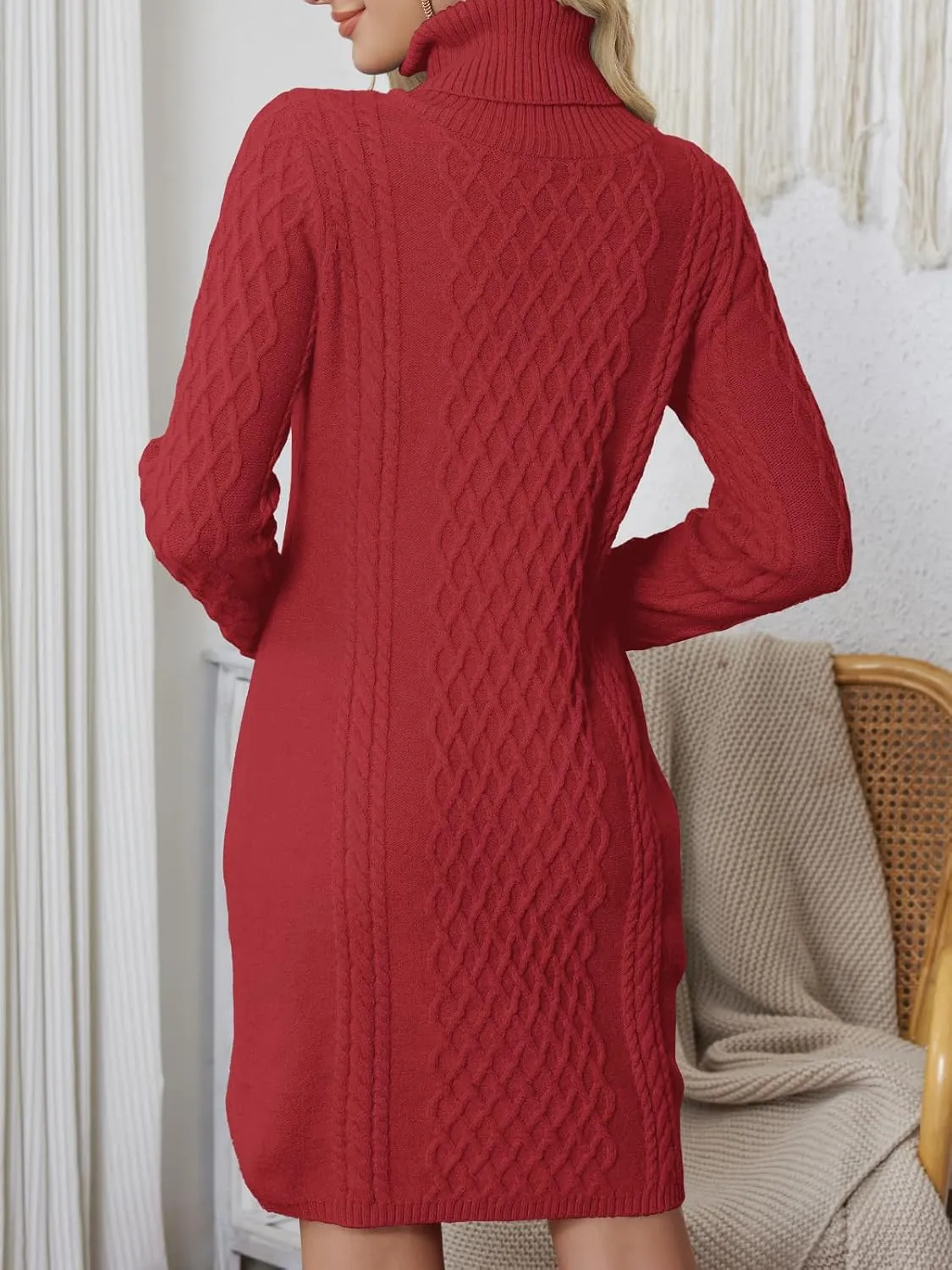 Women's Turtleneck Sweater Cable Knit Long Sleeve Sexy Pullover Tunic Mini Bodycon Sweater Dress Trendy Outfits