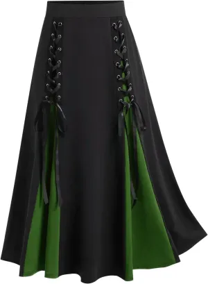 Women's Vintage Gothic Long Skirt High Waist Patchwork Bandage Pleated Midi Skirt Fashion Retro Court Skirts