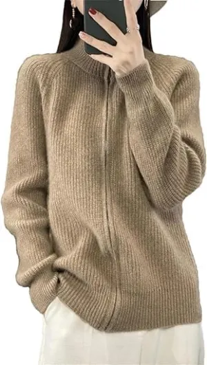 Women's Wool Knitting Sweater Turtleneck Zipper Cardigan, Full Zip Mock Neck Thick Warm Wool Sweater for Women