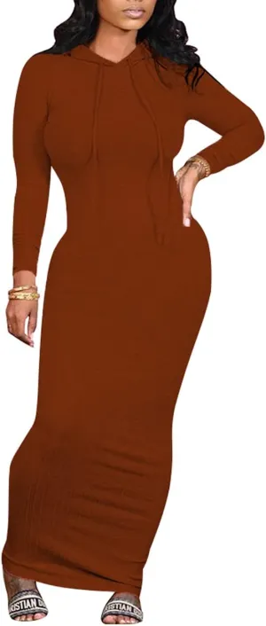 WUSENST Women's Maxi Dress Sexy Bodycon Long Sleeve Pullover Hoodie Casual Slim Sweatshirt
