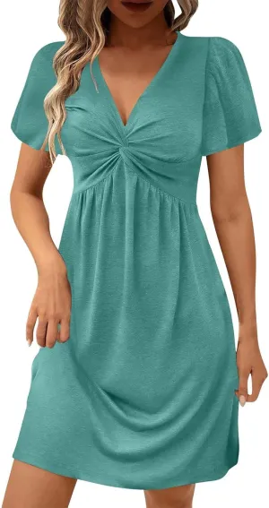 Xiaojmake Women's Casual Summer Dress Twist Front V Neck Short Sleeve Mini Dress Club Party Ruffle Tunic Bodycon Mini Dresses